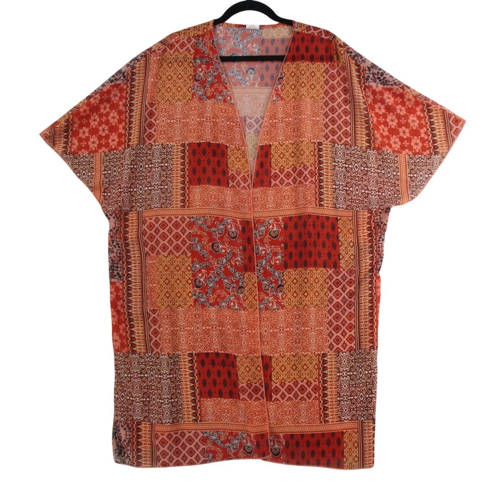Womens Patchwork‎ Print Open Front Kimono Cardigan Red Orange Boho Plus Size 1XL